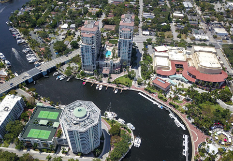 Arial image showing the building situated on the river